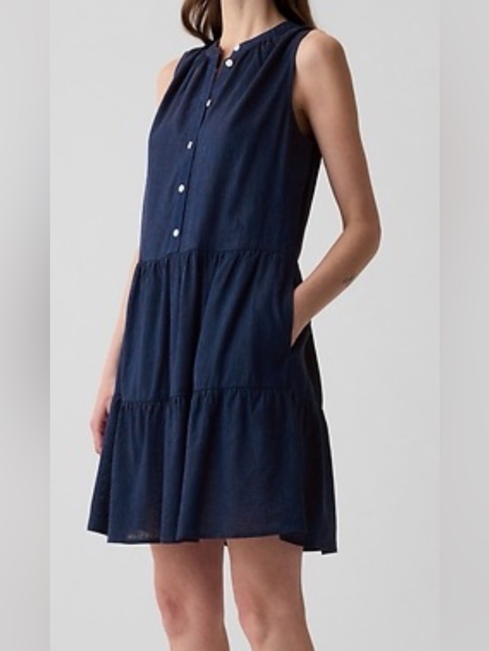 Ruffle-Trim Navy Midi Dress with Button Placket